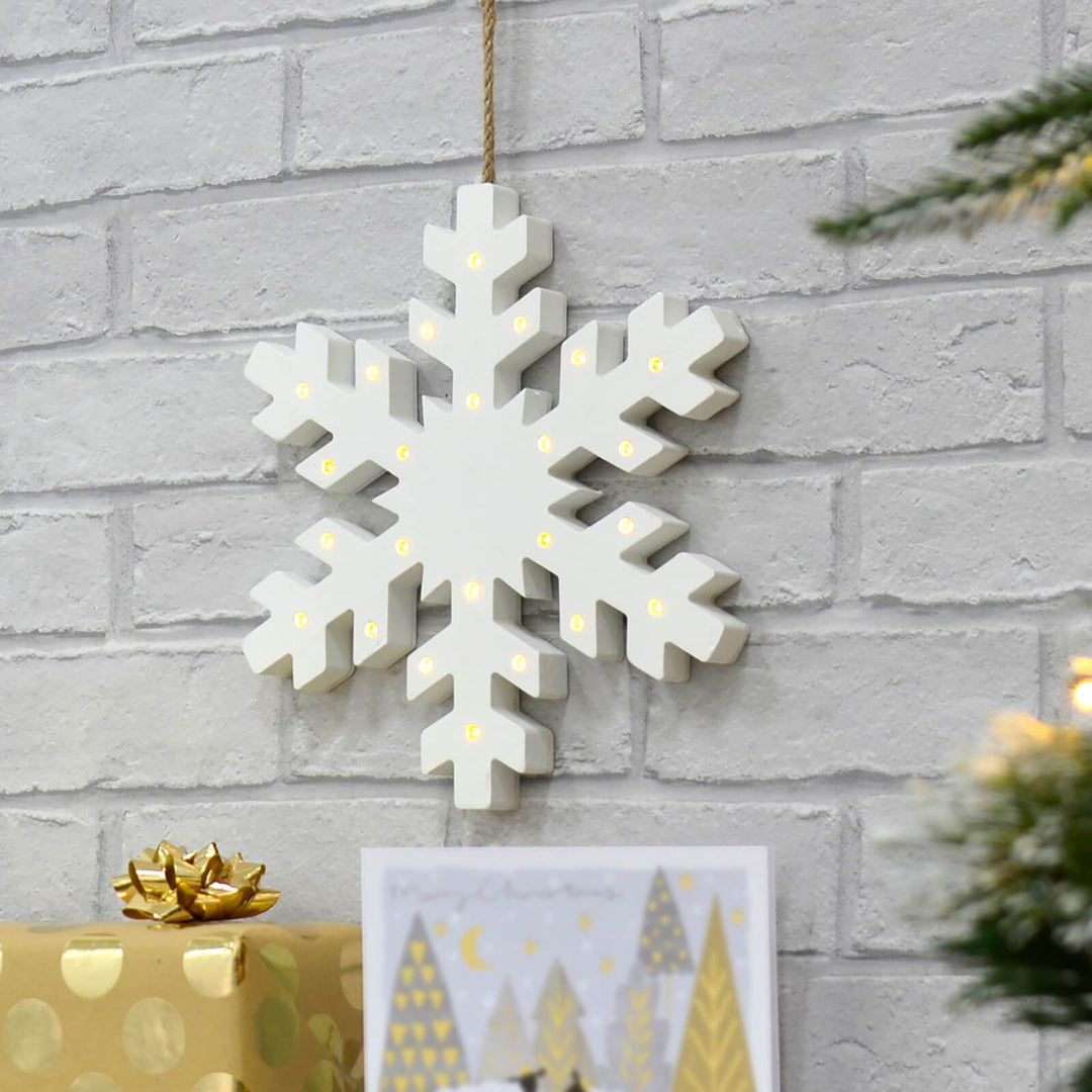 White Wooden LED Light Up Snowflake Christmas Decoration 25cm