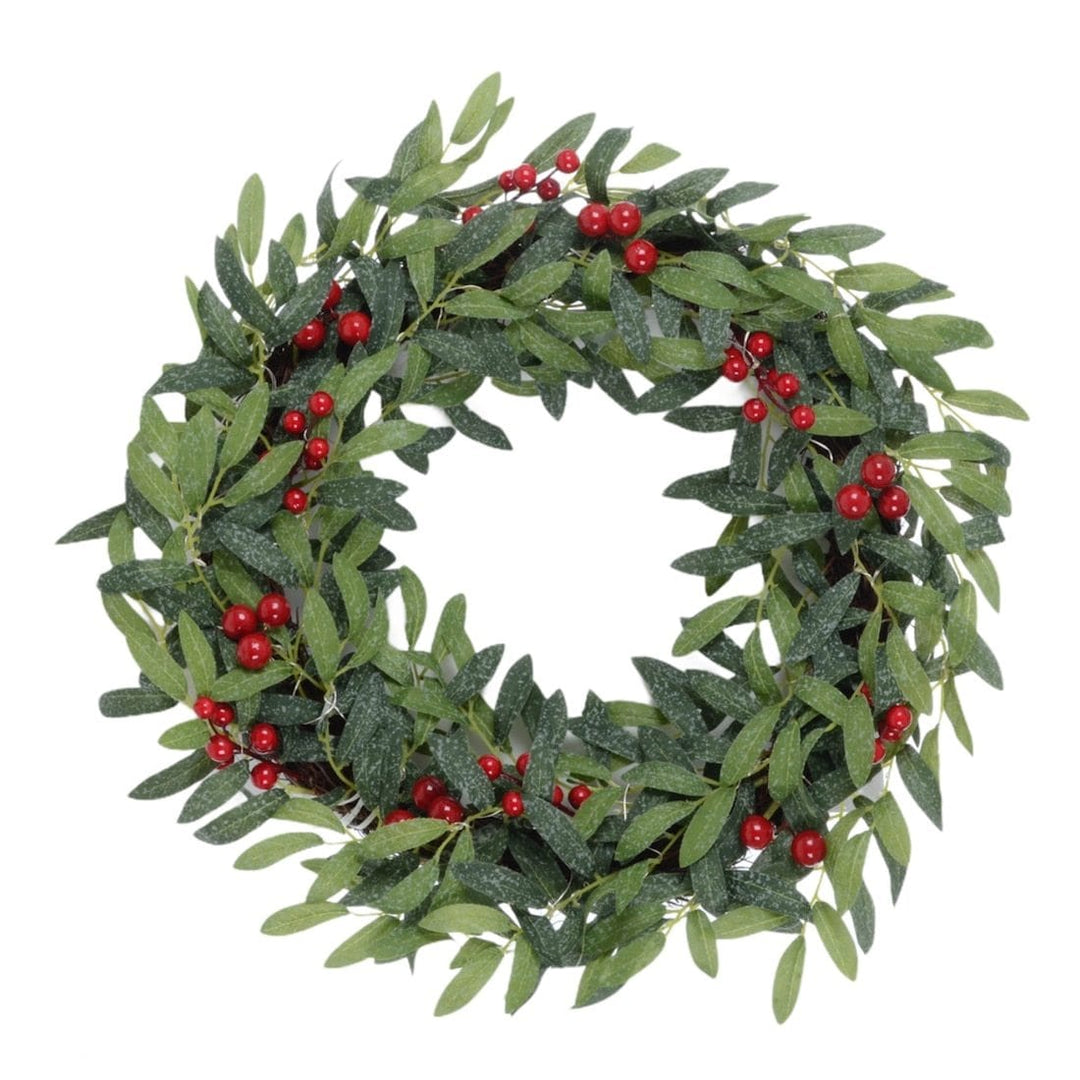 24" Pre Lit Christmas Wreath Fabric Leaves Berries Battery Op