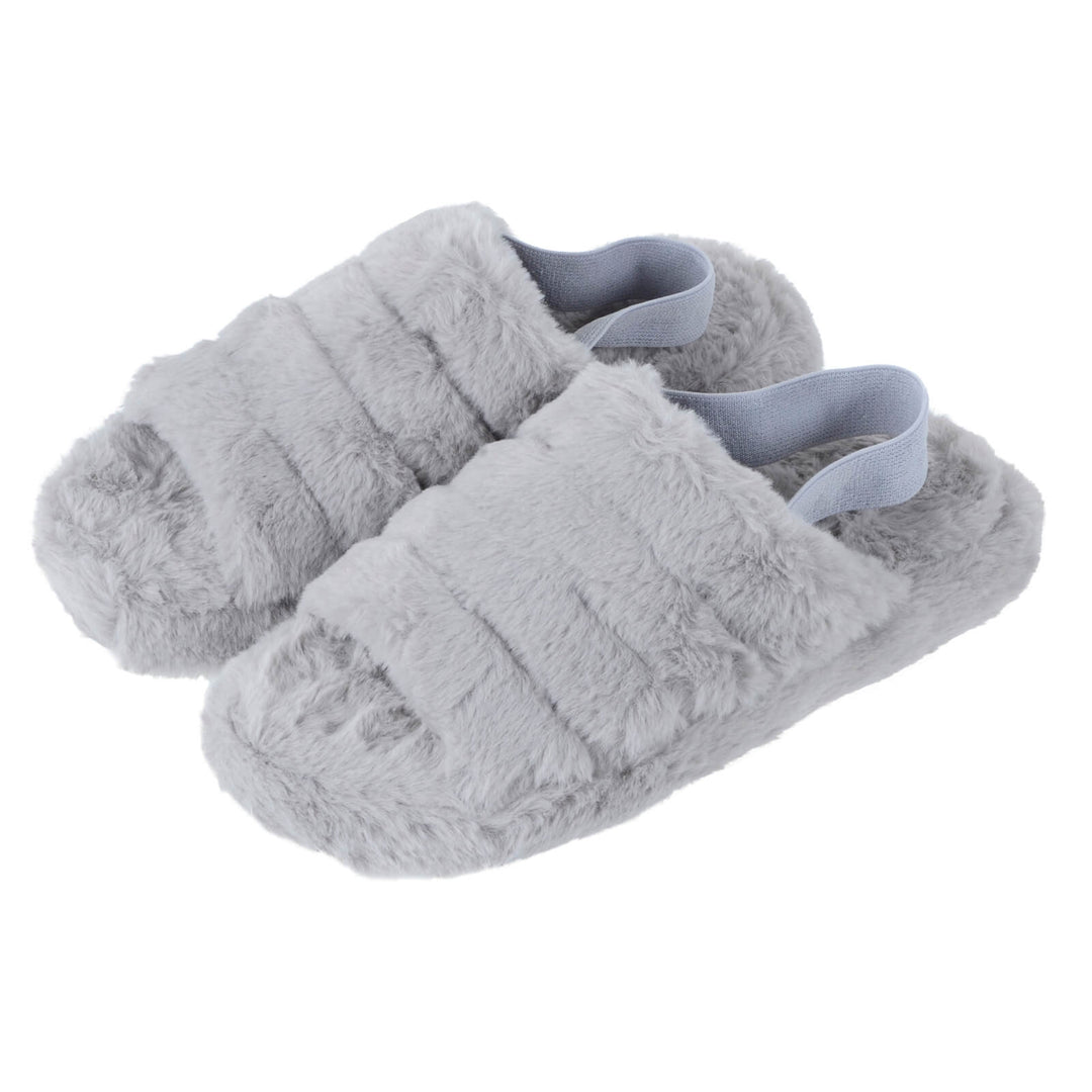 Womens Tallulah Mule Slippers Faux Fur Open Toe Elastic Strap Grey / UK 3