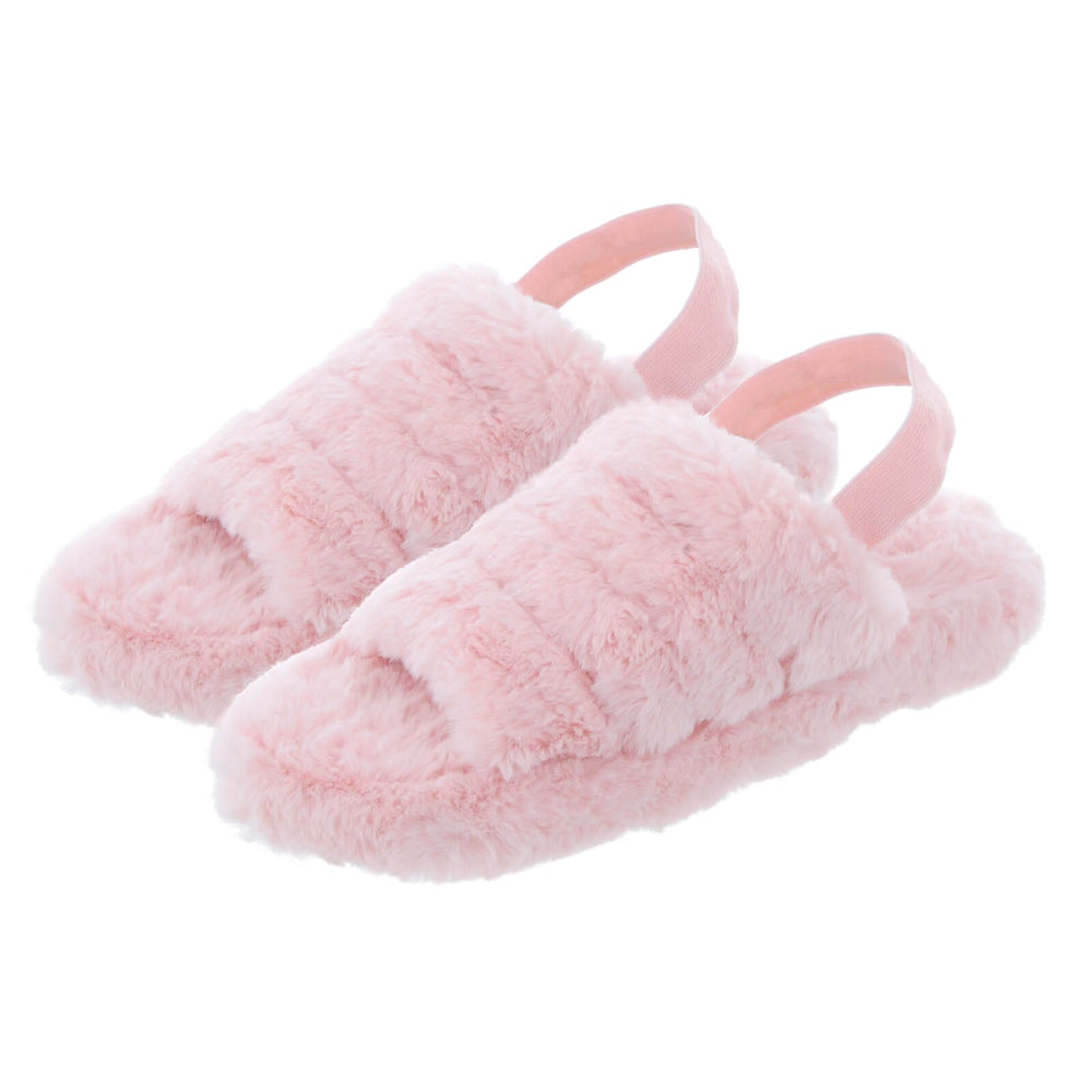 Womens Tallulah Mule Slippers Faux Fur Open Toe Elastic Strap Pink / UK 3