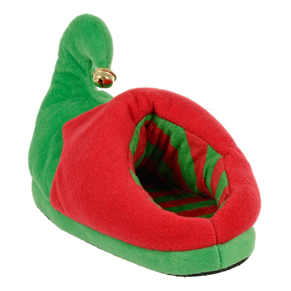 Womens Christmas Elf Slippers Jingle Bells Green Red