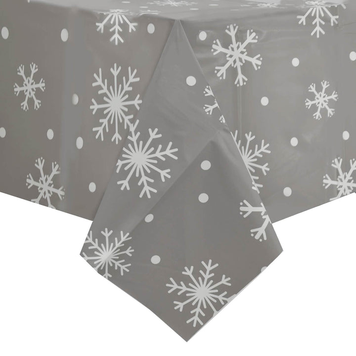 Christmas Tablecloth PVC Wipe Clean Xmas Table Cover Snowflakes - Grey