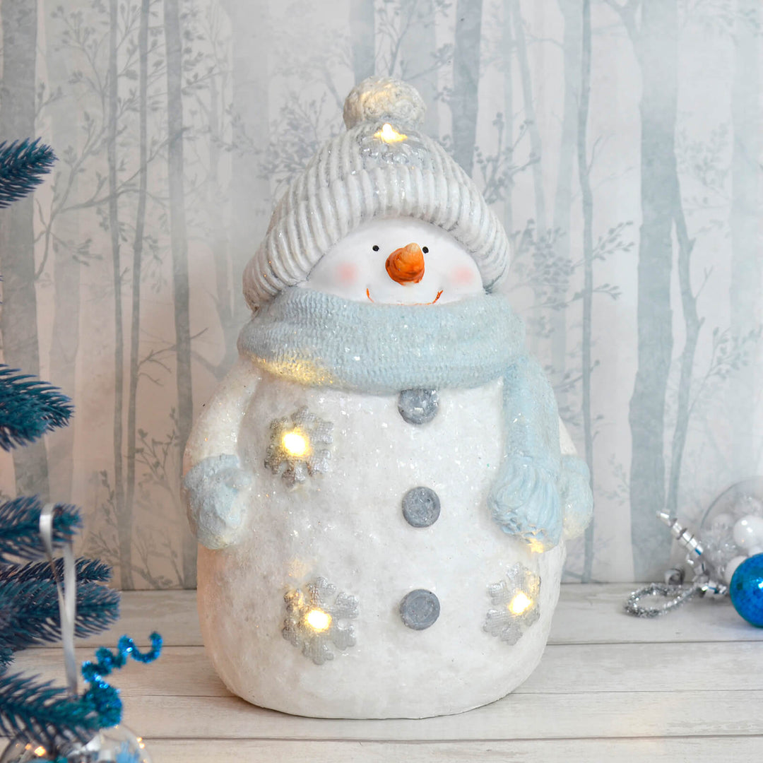 Light Up Christmas Decoration Ceramic White Blue Glitter Figure 37cm Snowman