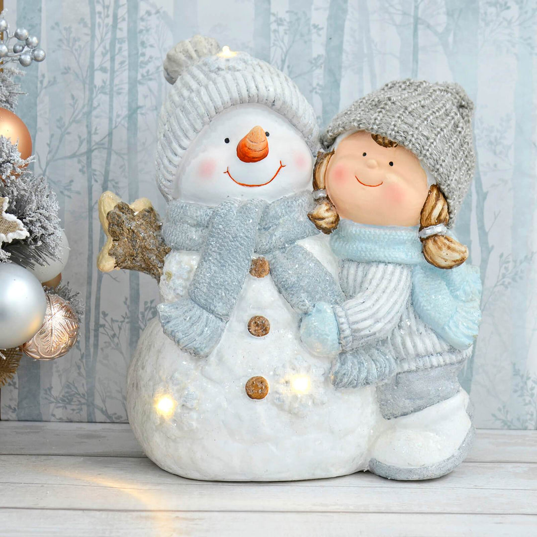 Light Up Christmas Decoration Snowman Child Ceramic Figure 37cm Girl