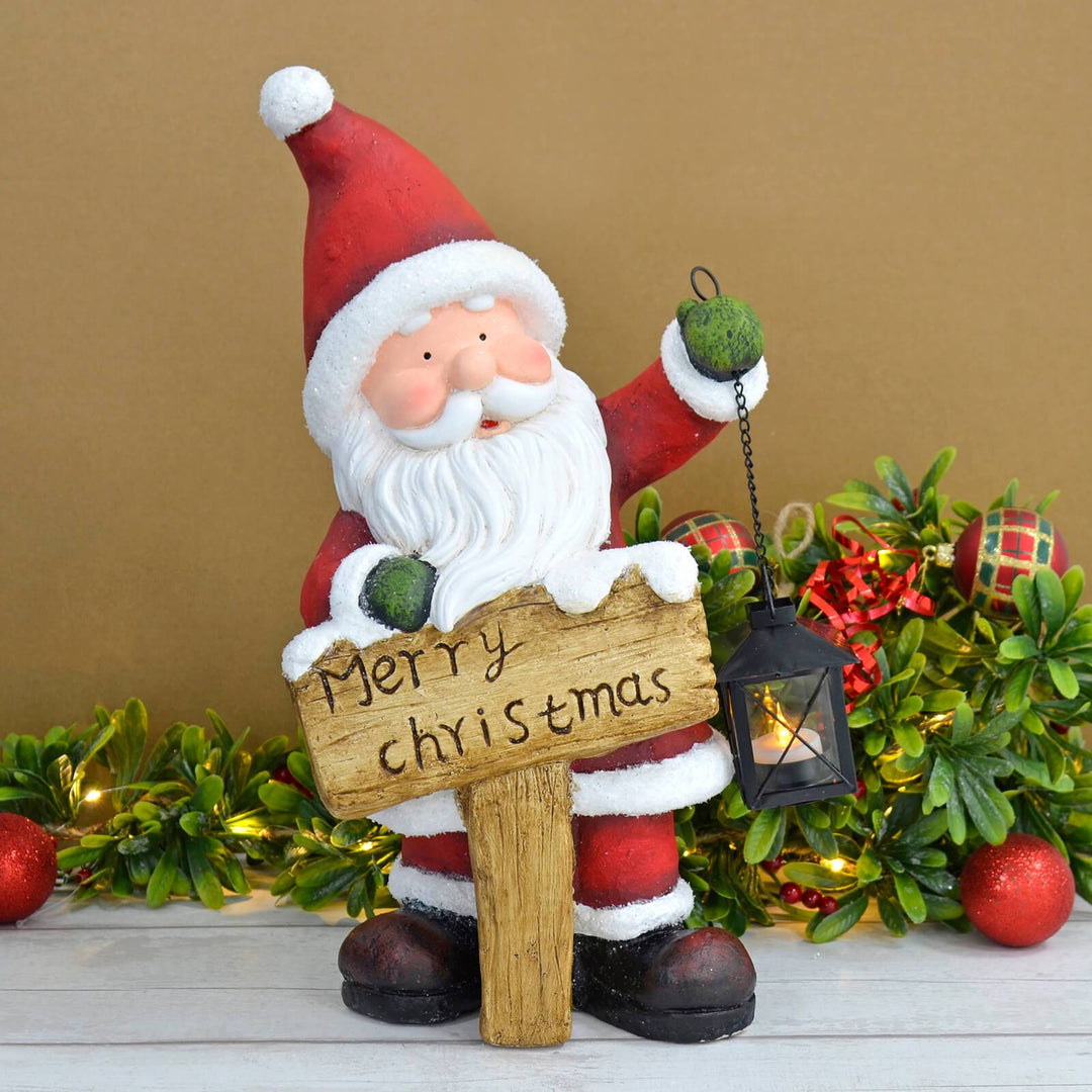 Santa Decoration Tealight Lantern Merry Christmas Sign Ceramic 45cm