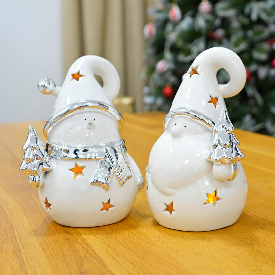 Set of 2 Santa Snowman Tea Light Candle Holders White Silver 18cm