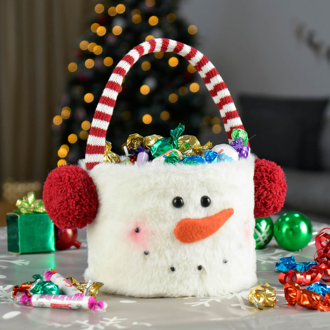 Fabric Christmas Treats Bucket Fleece Snowman Santa 26cm Snowman