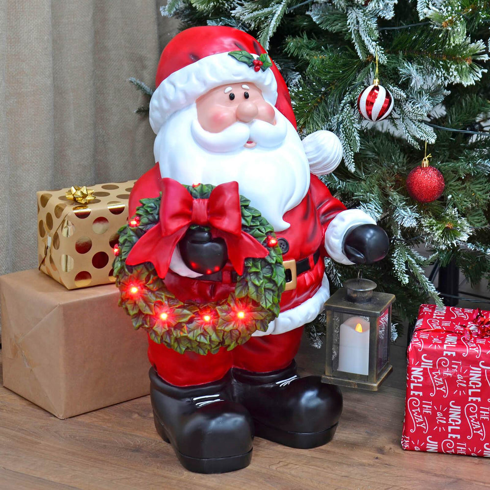 Large Light Up Santa Christmas Ornament With Lantern Wreath 64cm