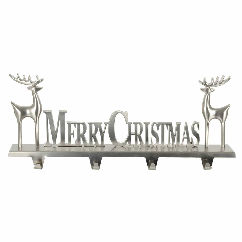 Silver Merry Christmas Stocking Hanger 4 Hooks Reindeer Decoration