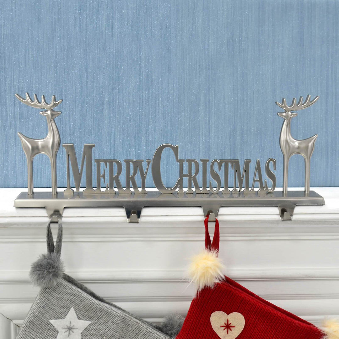 Silver Merry Christmas Stocking Hanger 4 Hooks Reindeer Decoration