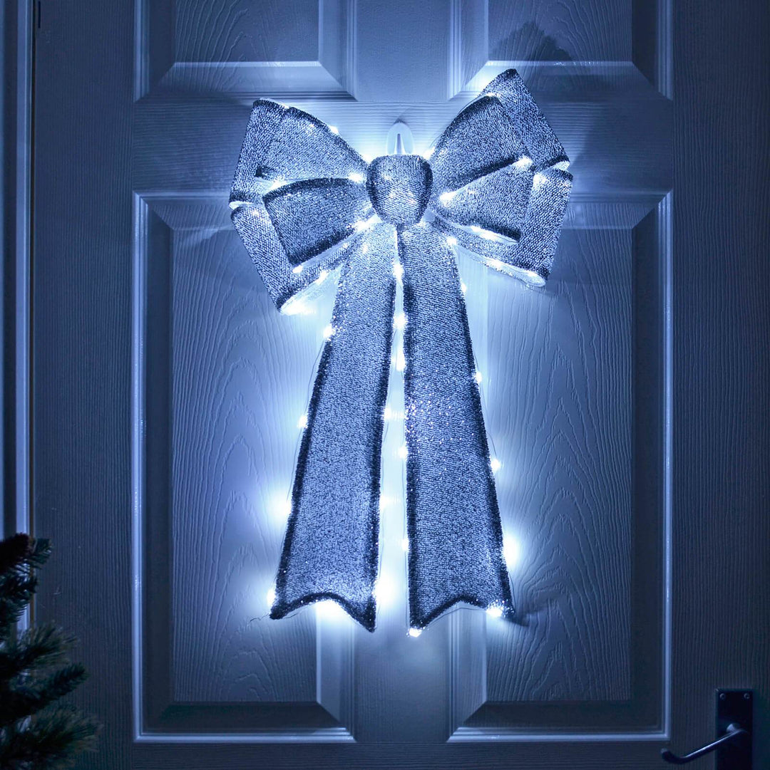 Light Up Christmas Door Bow Decoration Glitter 60cm