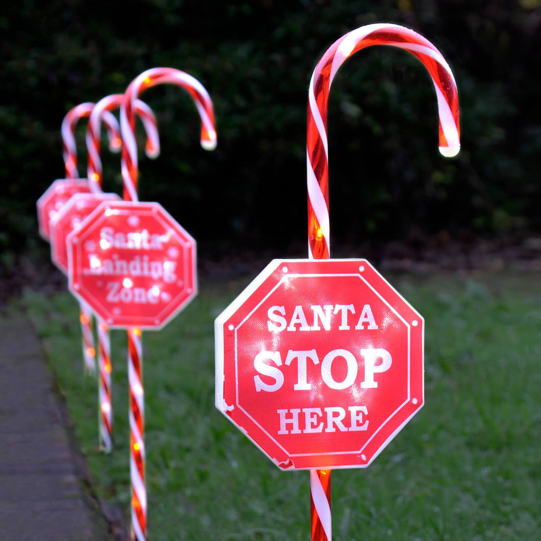 4 Candy Cane Stop Signs Christmas Pathway Lights Garden Stakes