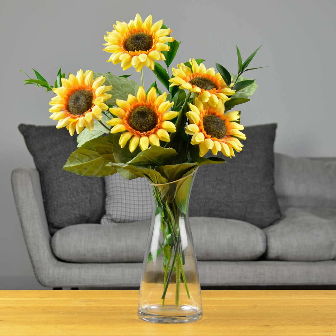 Sunflower Vase Clear Glass Slanted Rim Bouquet Foliage 27cm