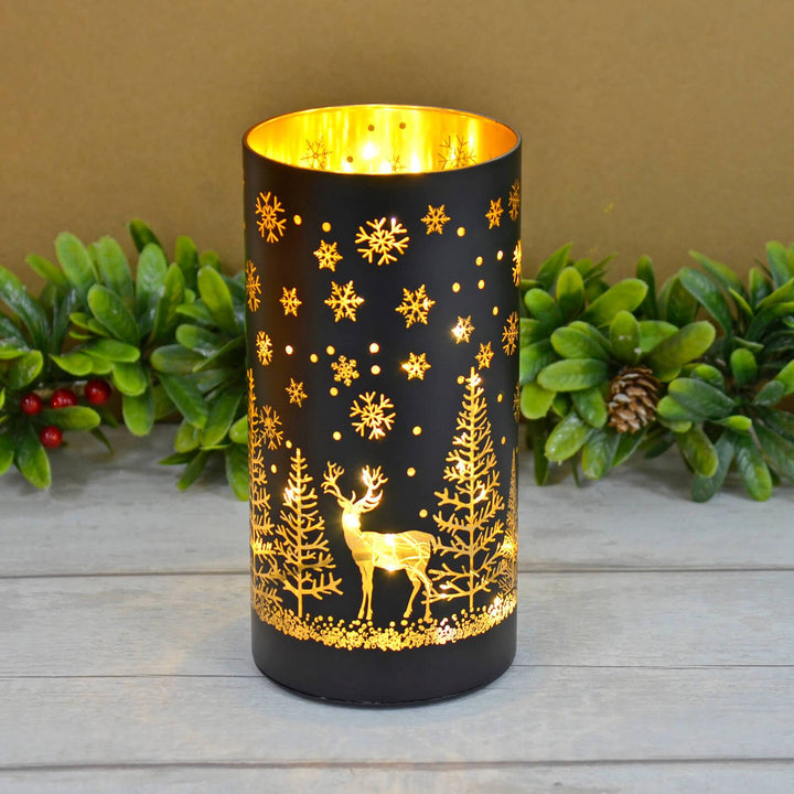 Christmas Cylinder Light Black Gold Decoration Glass 20cm Tree Scene & Deer