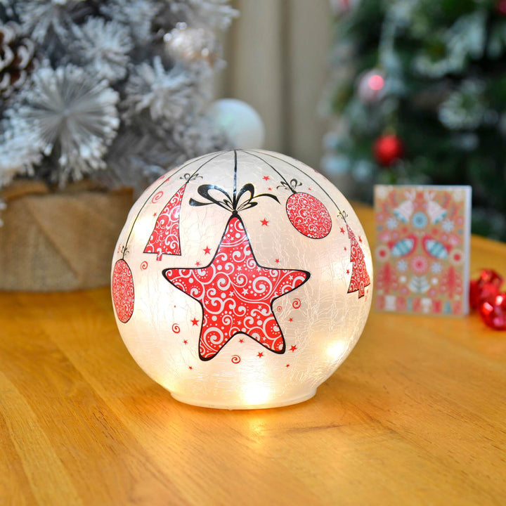 Light Up Christmas Crackle Ball Decoration LED Ornament 15cm Red Star