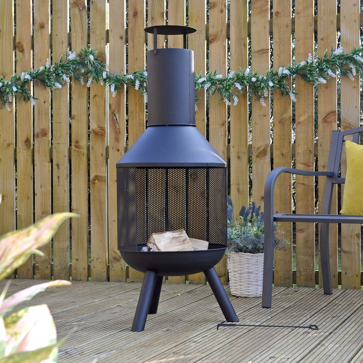 Vatra Wood Burning Fire Pit Chimney Patio Heater Black