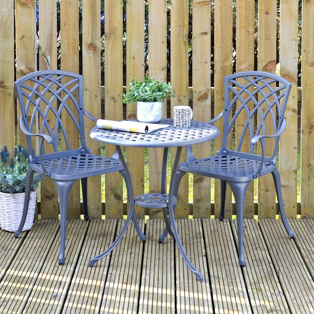 Garden Bistro Cafe Set Grey Metal Chairs Table Azuma Denia