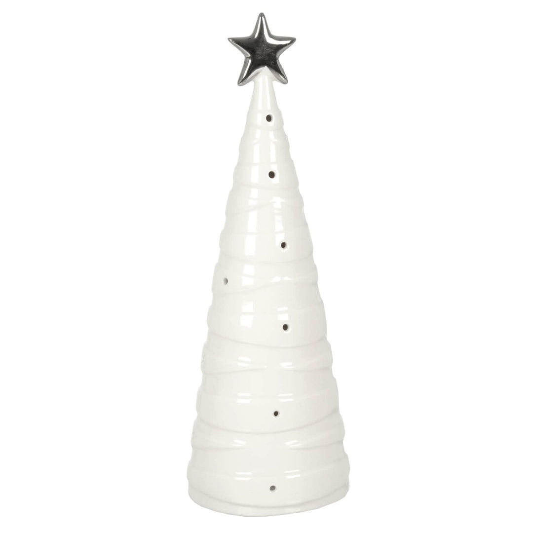 LED Christmas Tree Decoration Silver Star White Ceramic 28cm