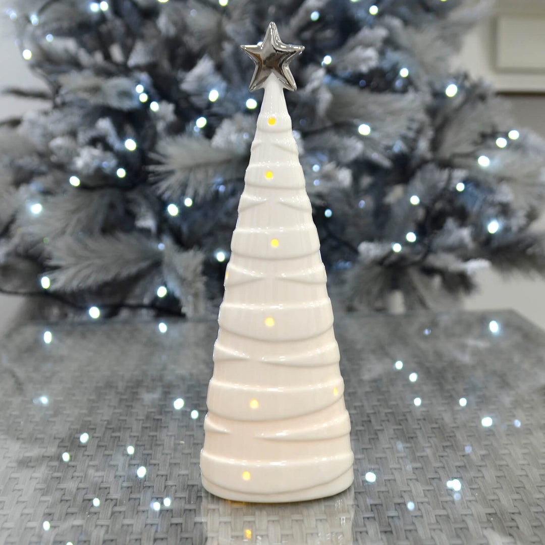 LED Christmas Tree Decoration Silver Star White Ceramic 28cm