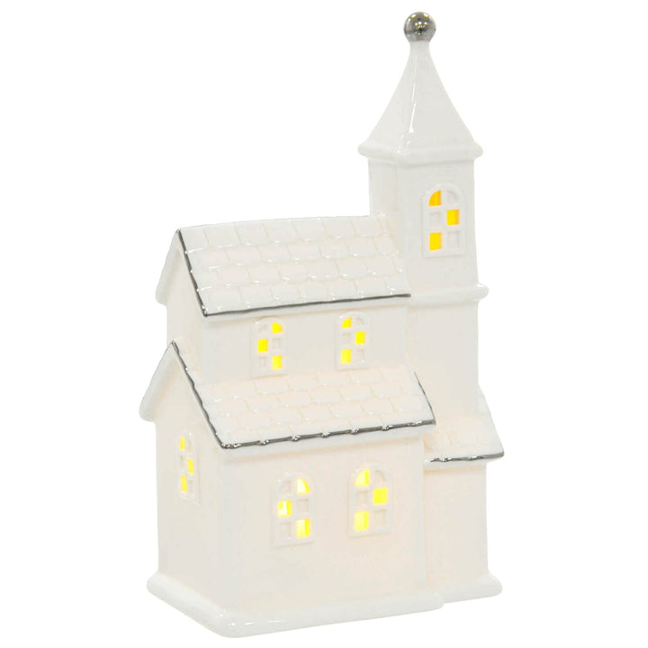 LED Town House Christmas Decoration Silver White Ceramic 25cm