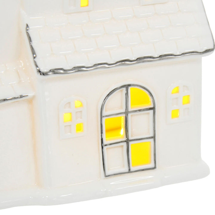 LED Town House Christmas Decoration Silver White Ceramic 25cm