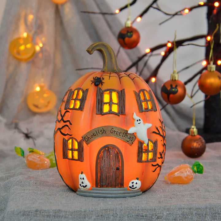 LED Pumpkin House Ghoulish Greetings Halloween Decoration 19cm