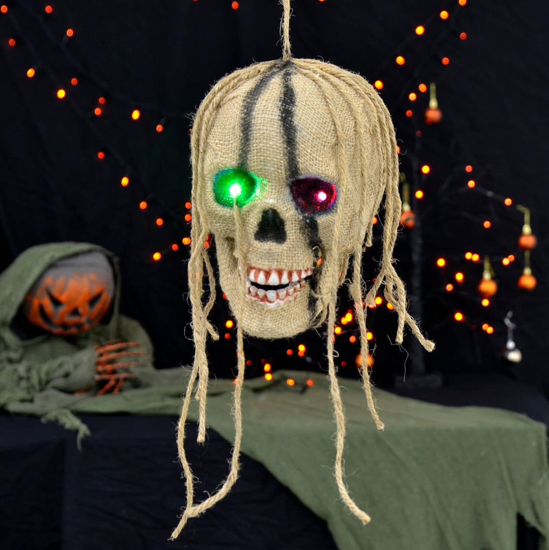 Light Up Hanging Skull Halloween Decoration Rope Hair 19cm