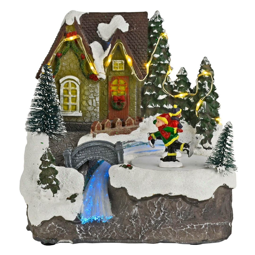 Christmas House River Light Up Moving Snow Scene Skaters 14cm