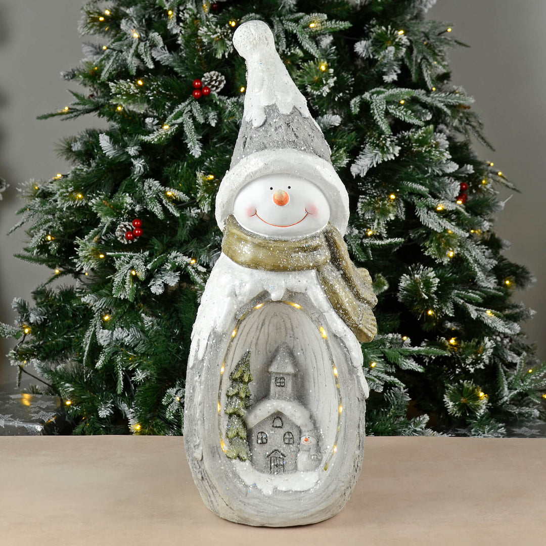 LED Snowman With Church Scene Christmas Decoration Grey White 63cm