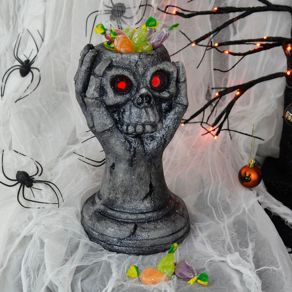 Light Up Skull Hand Candy Holder Halloween Decoration Grey 29cm