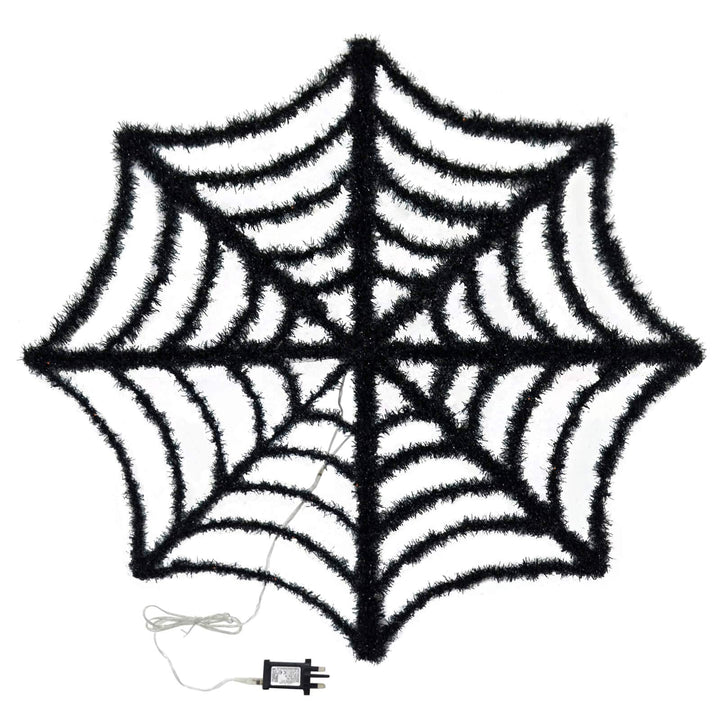 Light Up Spiders Web Black Tinsel Orange LED Decoration 80cm