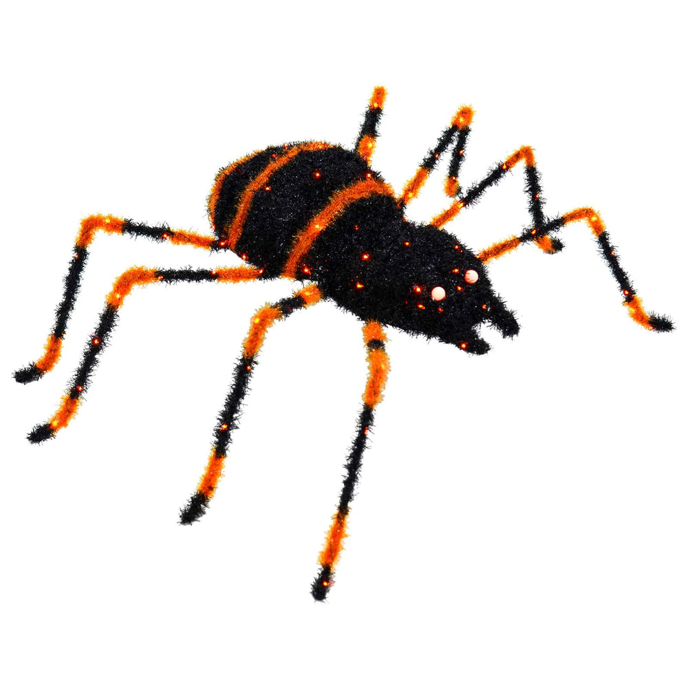 Large Light Up Spider Decoration Black Tinsel Orange LED 90cm