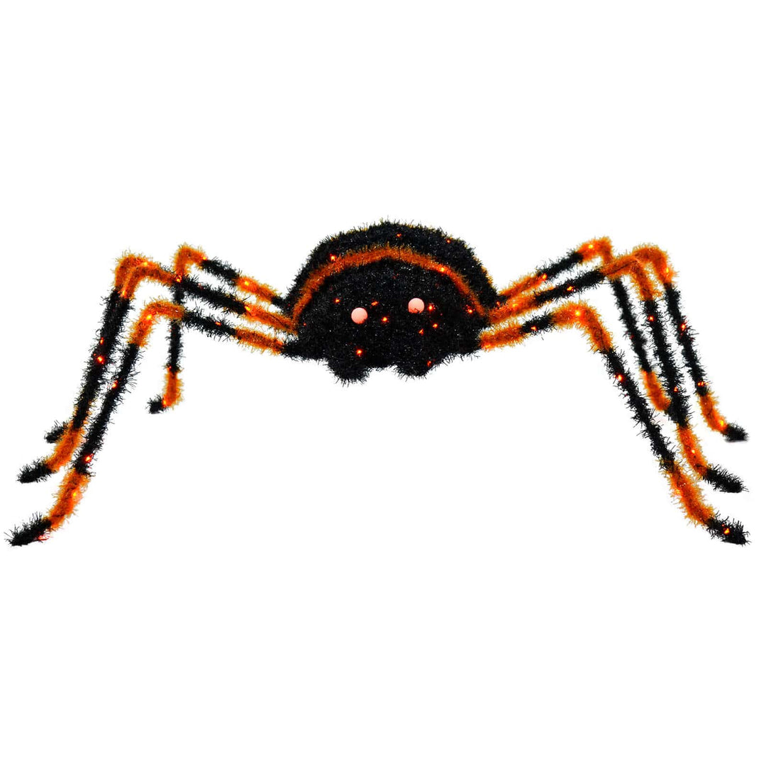 Large Light Up Spider Decoration Black Tinsel Orange LED 90cm