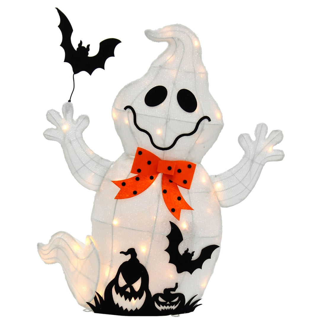 Light Up Ghost With Bat Halloween Decoration White LED 74cm