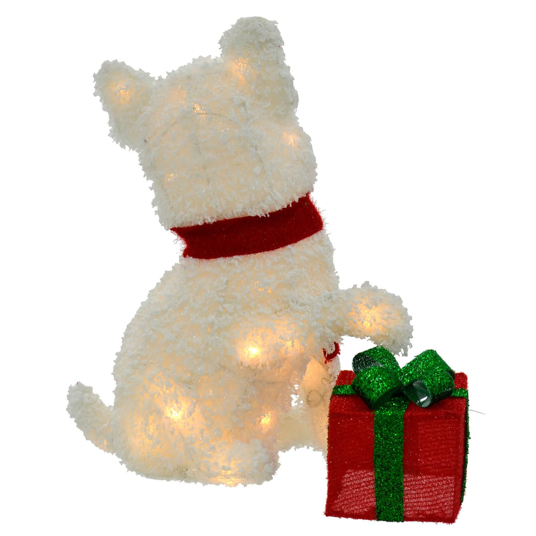 White LED Dog With Gift Christmas Decoration Tinsel Snow 56cm