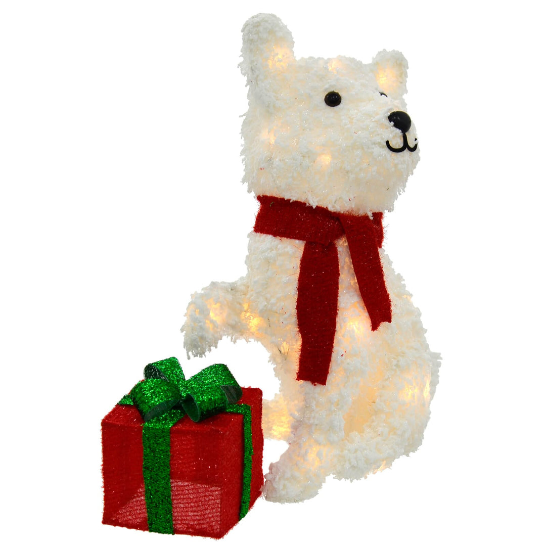 White LED Dog With Gift Christmas Decoration Tinsel Snow 56cm