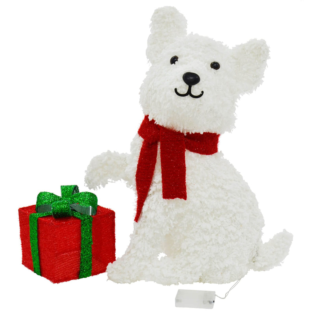 White LED Dog With Gift Christmas Decoration Tinsel Snow 56cm