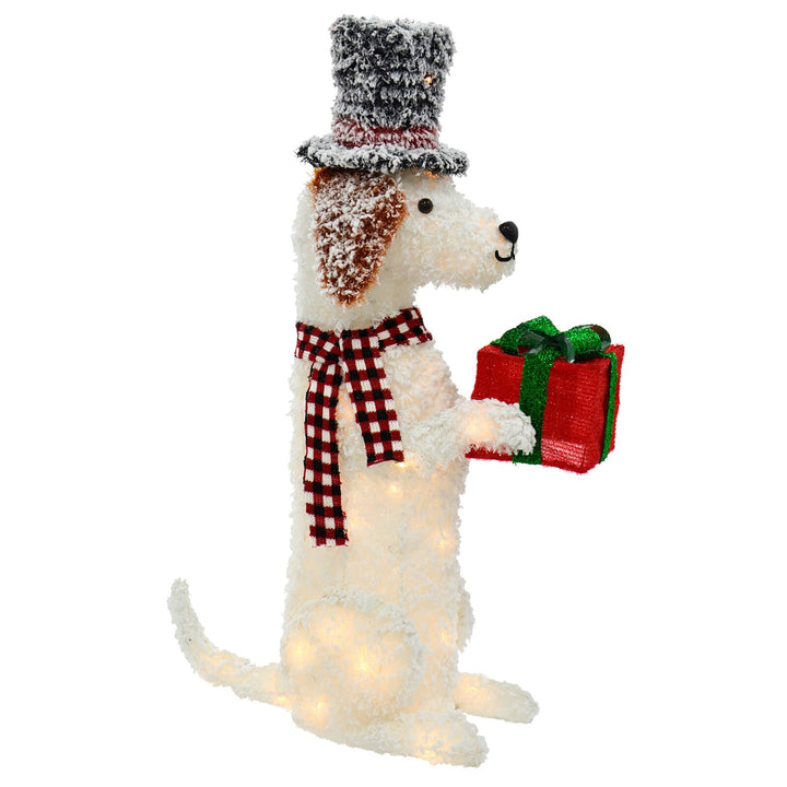 Large White LED Dog With Hat & Gift Christmas Decoration 94cm