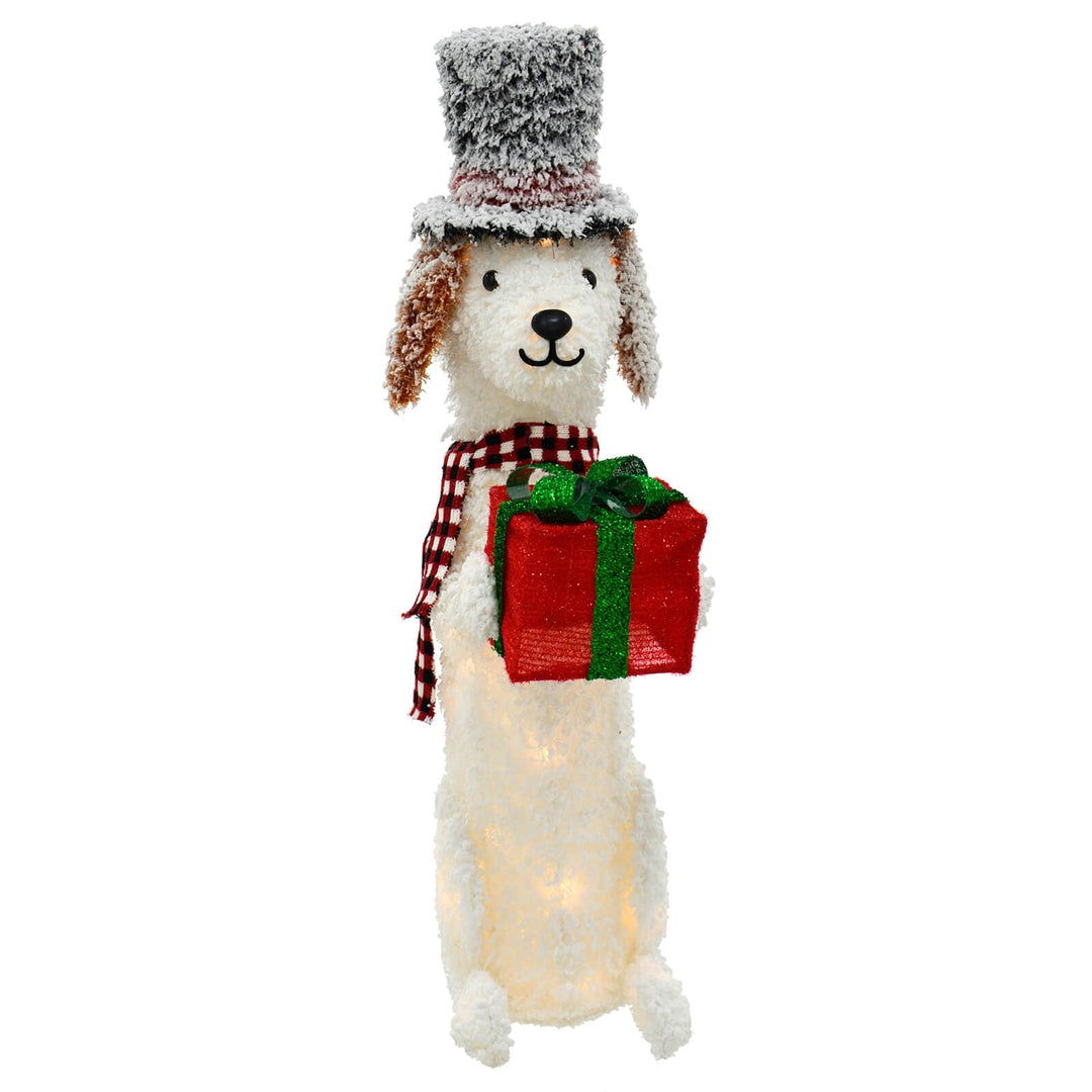 Large White LED Dog With Hat & Gift Christmas Decoration 94cm