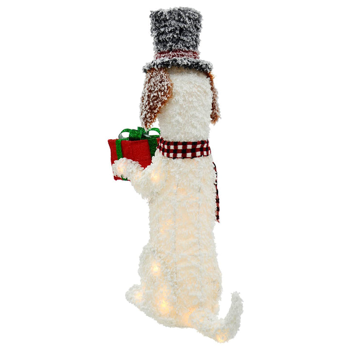 Large White LED Dog With Hat & Gift Christmas Decoration 94cm