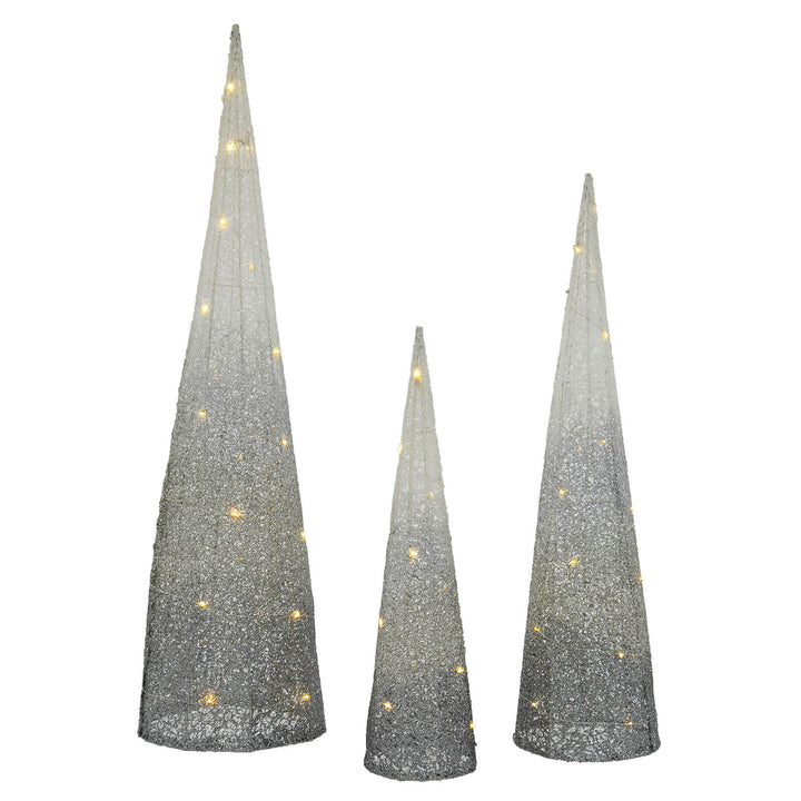 Set of 3 LED Cone Christmas Trees White To Silver Glitter Mesh