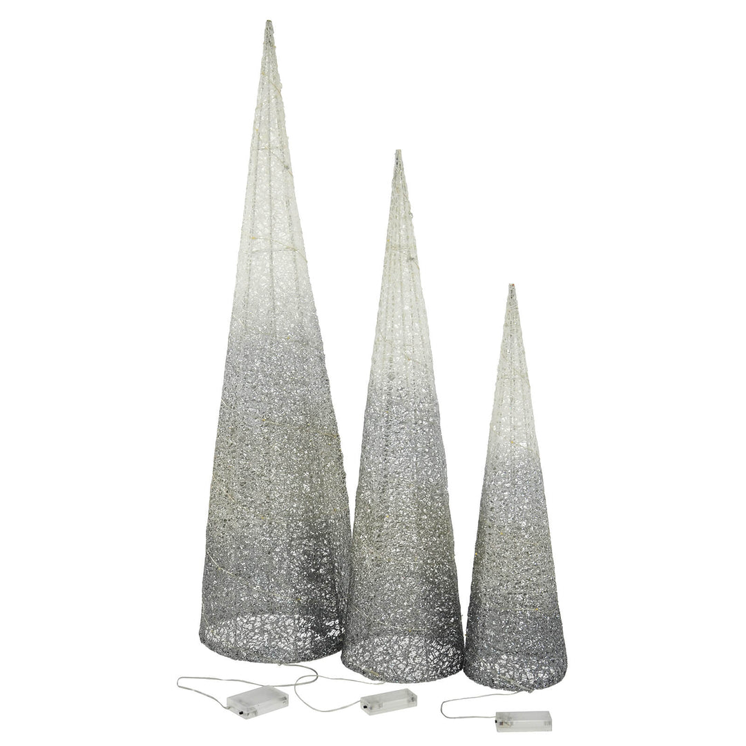 Set of 3 LED Cone Christmas Trees White To Silver Glitter Mesh