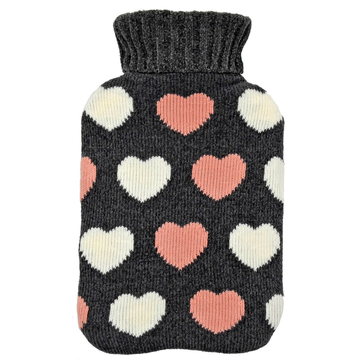 Hot Water Bottle 2 Litre Soft Knitted Cover Grey Pink Hearts