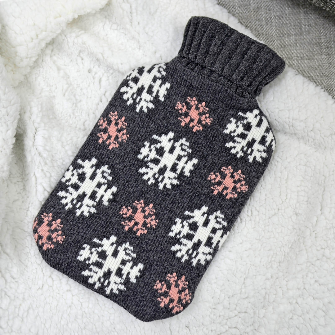 Hot Water Bottle 2 Litre Soft Knitted Cover Grey Pink