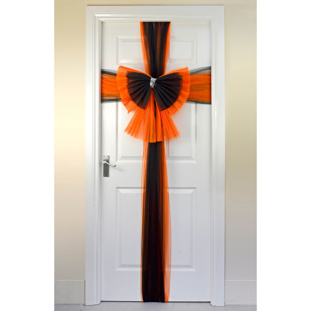 Halloween Door Bow Orange Black Net Diamante Spider Pin