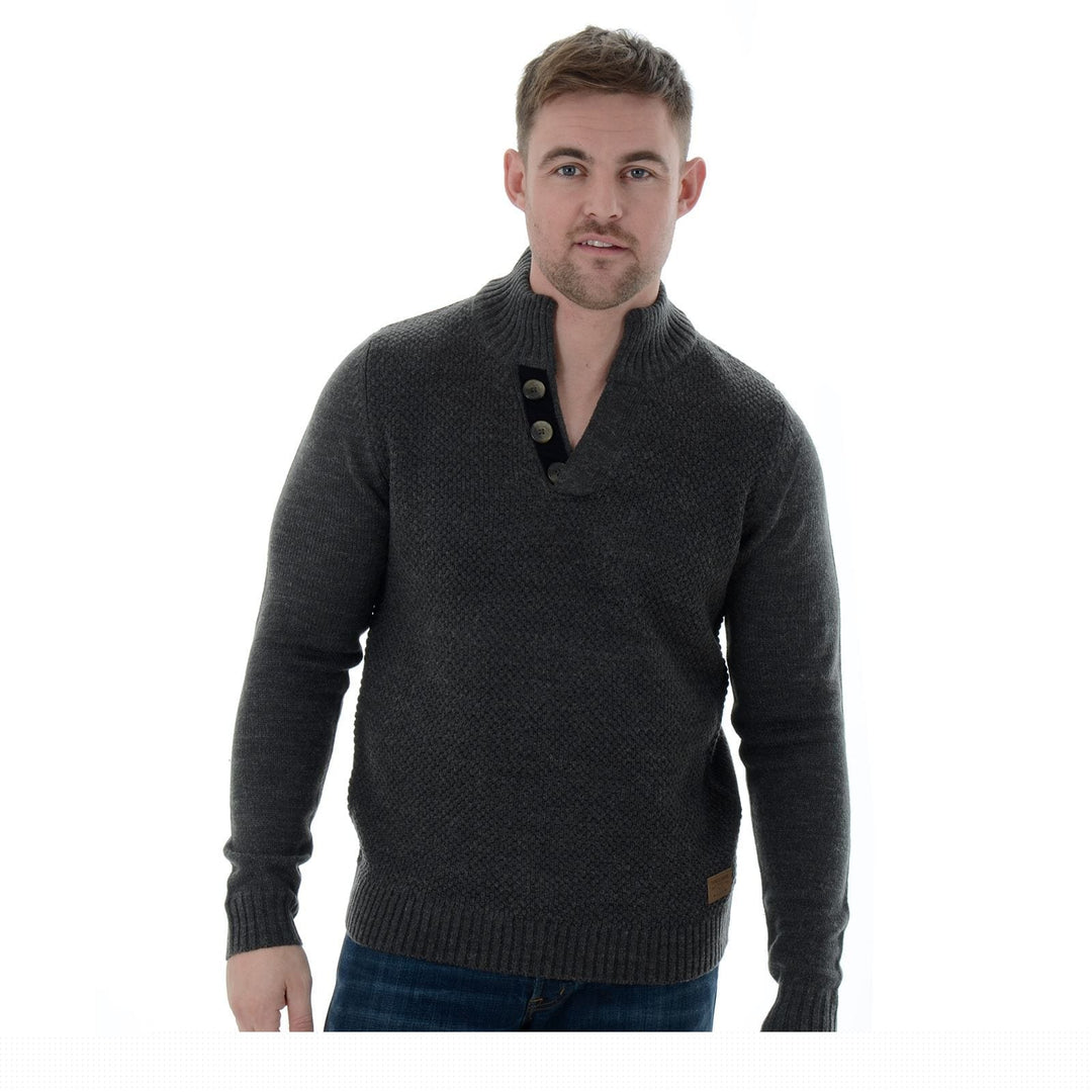 Threadbare Coningsby Mens Button Front Funnel Neck Jumper Charcoal / S