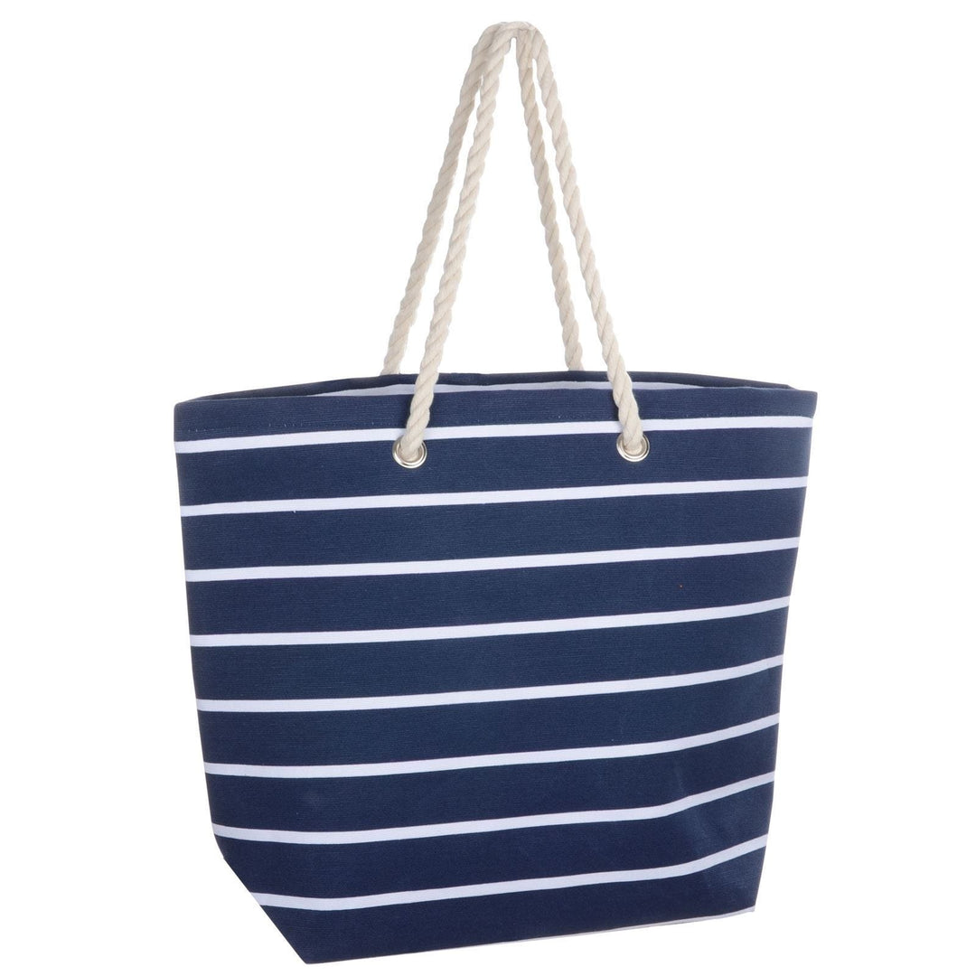 Womens Striped Canvas Beach Shoulder Bag Shopping Tote Navy