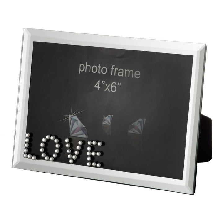 4x6" Mirrored Glass Photo Frame With Silver Diamantes LOVE