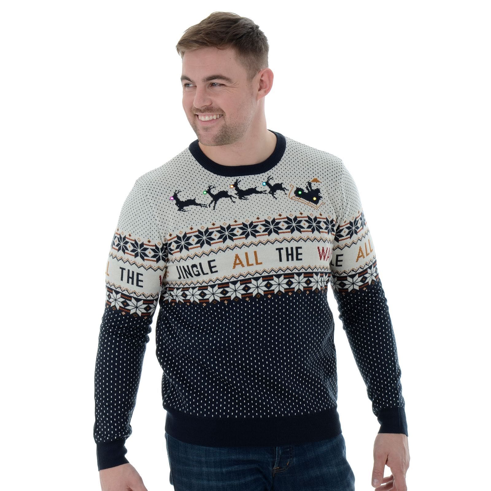 Mens Novelty Light Up Knitted Christmas Jumper Jingle All The Way XS Stock