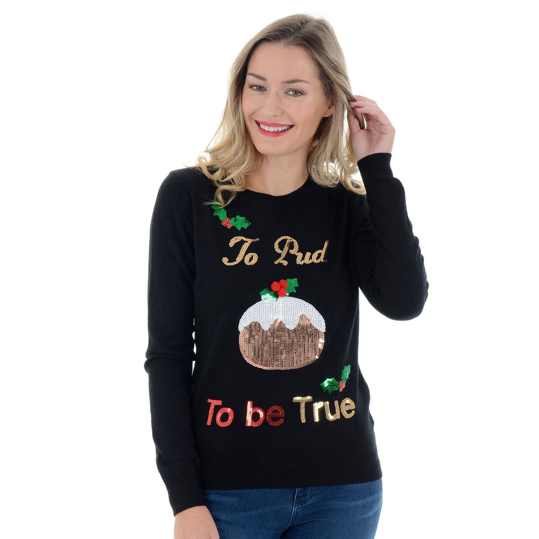 Womens Novelty Sequin To Pud To Be True Christmas Jumper Black / 8